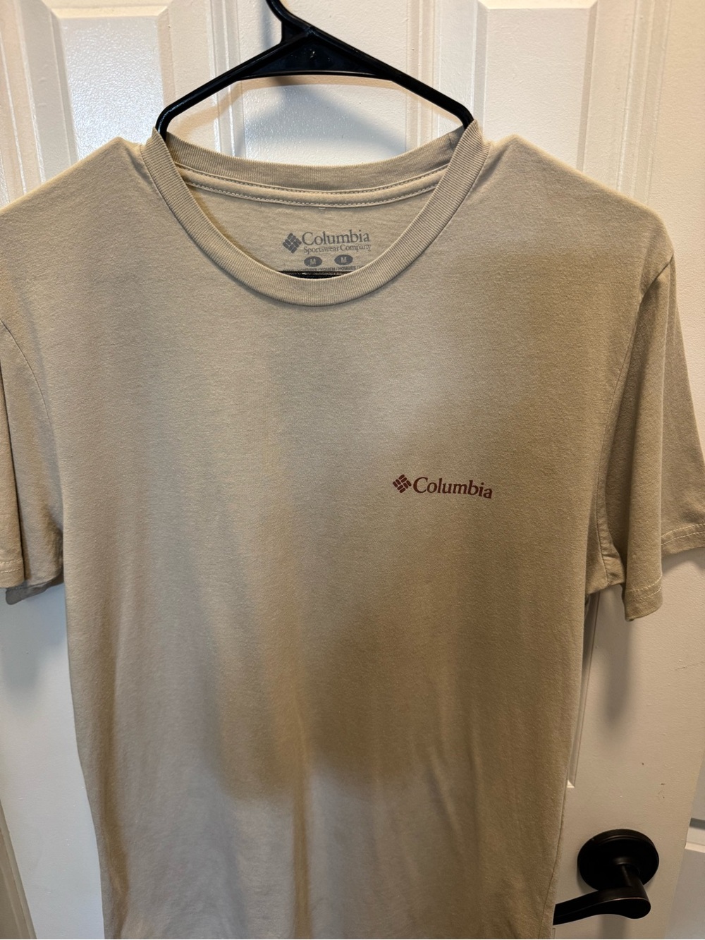 Columbia Short Sleeve Tee in Beige with Maroon Logo